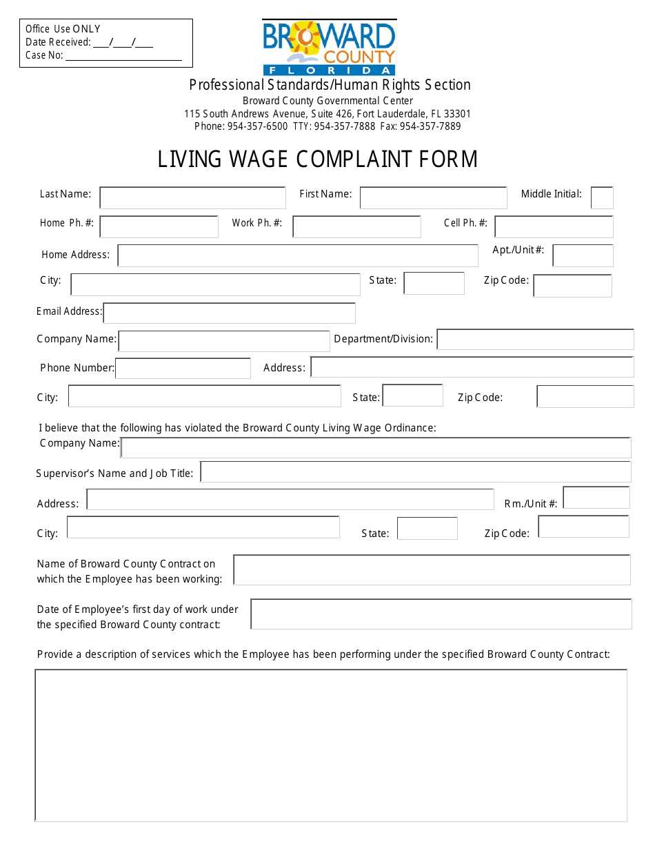 Living Wage Complaint Form - Broward County, Florida, Page 1