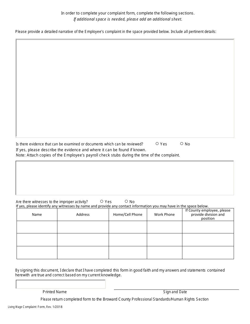 Broward County, Florida Living Wage Complaint Form - Fill Out, Sign ...