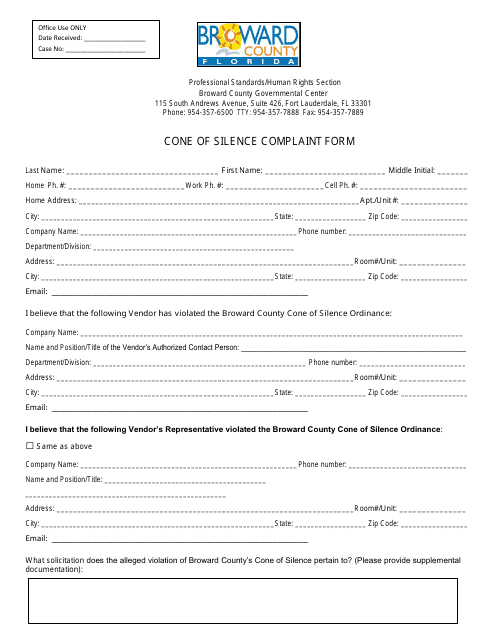 Cone of Silence Complaint Form - Broward County, Florida Download Pdf