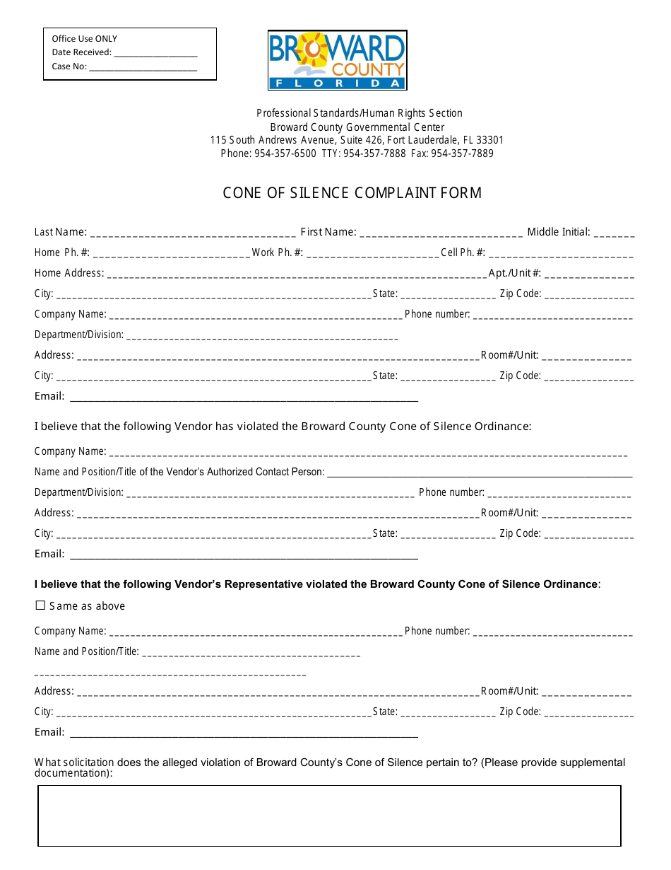 Cone of Silence Complaint Form - Broward County, Florida, Page 1