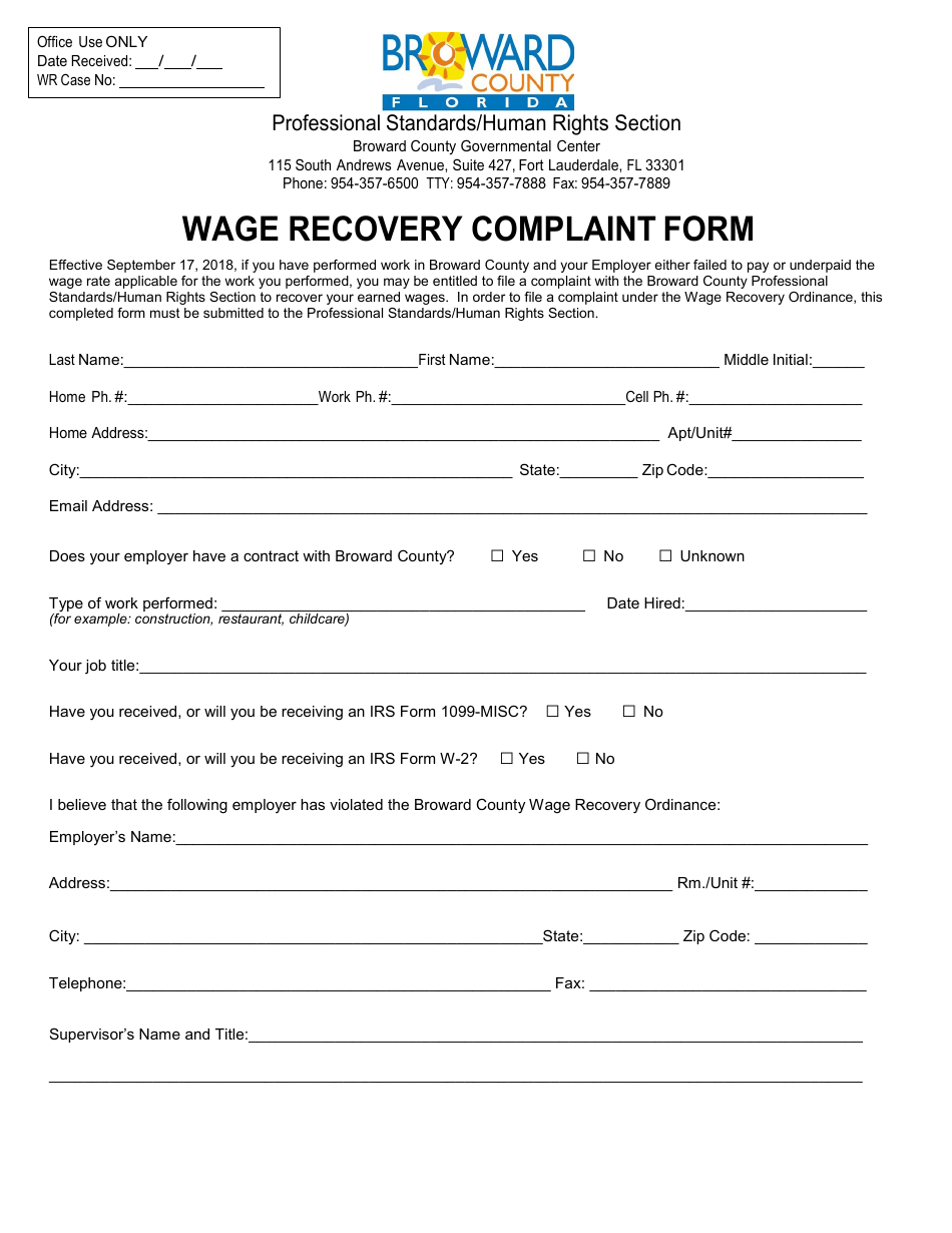Wage Recovery Complaint Form - Broward County, Florida, Page 1