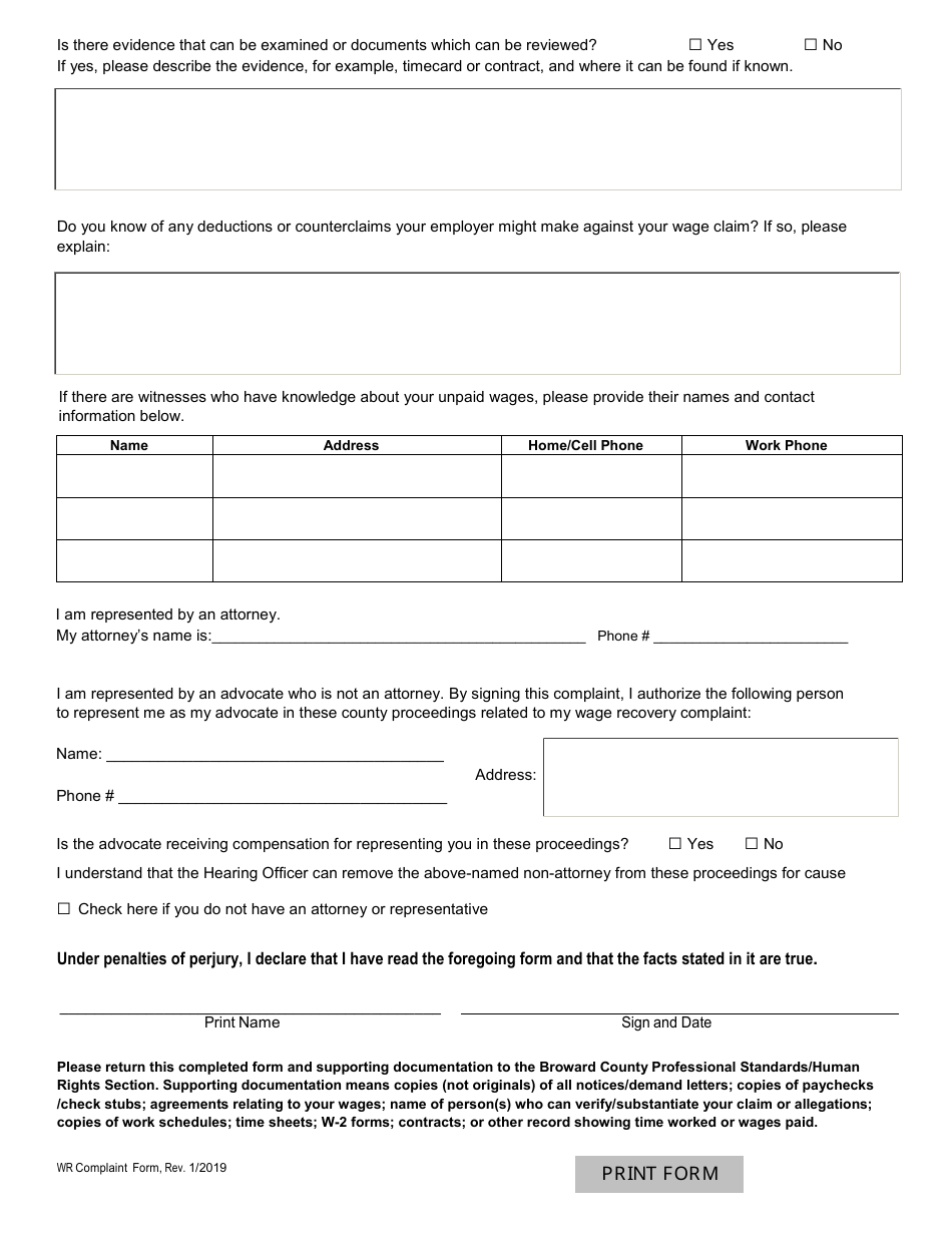 Wage Recovery Complaint Form - Broward County, Florida, Page 3
