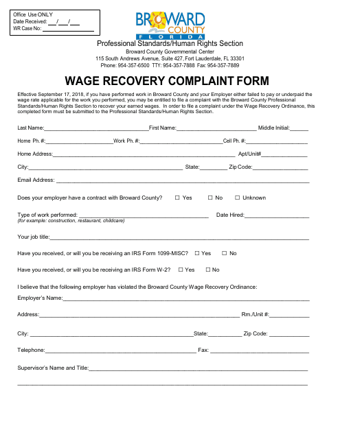 Wage Recovery Complaint Form - Broward County, Florida Download Pdf