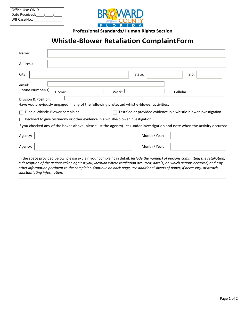 Whistle-Blower Retaliation Complaint Form - Broward County, Florida, Page 1