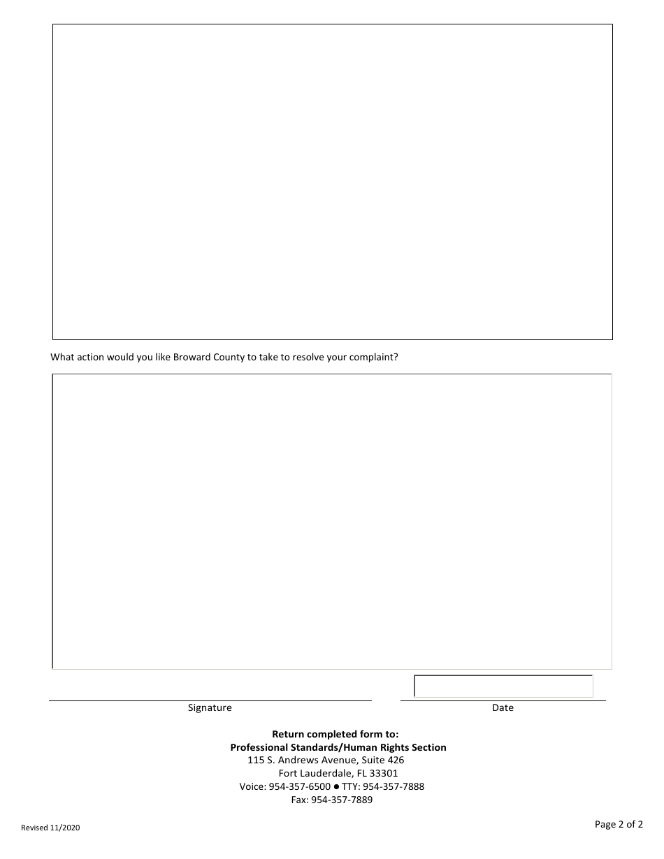 Whistle-Blower Retaliation Complaint Form - Broward County, Florida, Page 2
