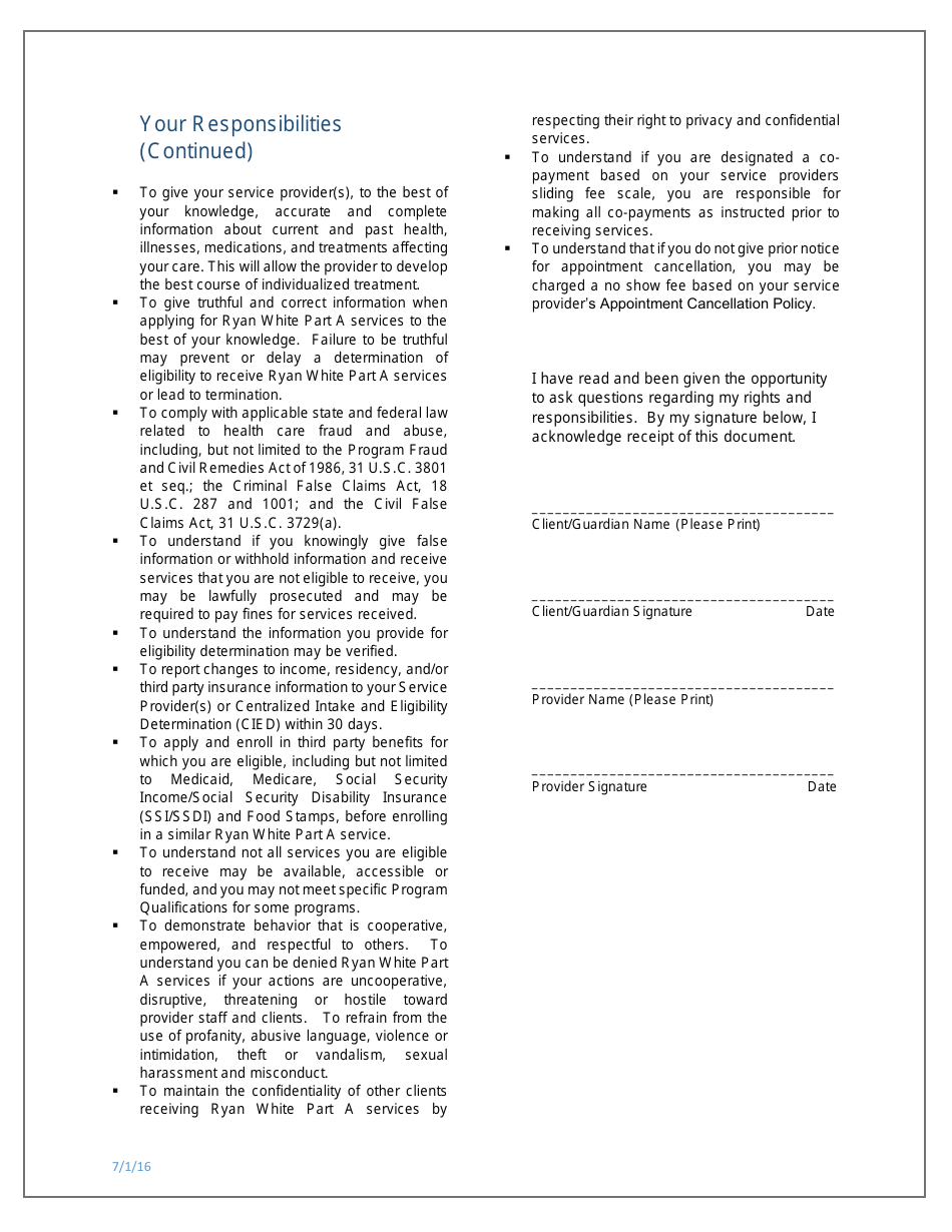 Clients Rights and Responsibilities Agreement - Broward County Ryan White Part a Program - Broward County, Florida (English / Spanish / Haitian Creole), Page 2