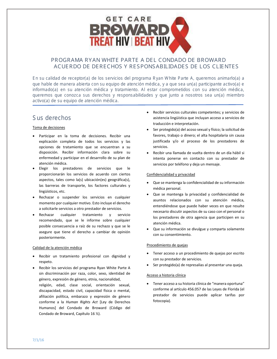 Clients Rights and Responsibilities Agreement - Broward County Ryan White Part a Program - Broward County, Florida (English / Spanish / Haitian Creole), Page 3