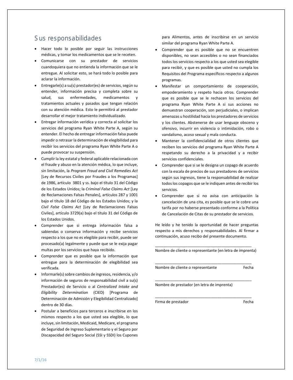 Clients Rights and Responsibilities Agreement - Broward County Ryan White Part a Program - Broward County, Florida (English / Spanish / Haitian Creole), Page 4