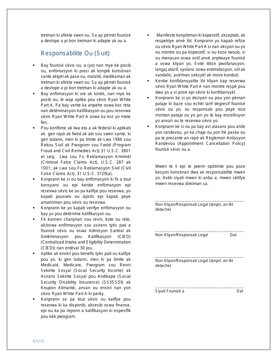Clients Rights and Responsibilities Agreement - Broward County Ryan White Part a Program - Broward County, Florida (English / Spanish / Haitian Creole), Page 6