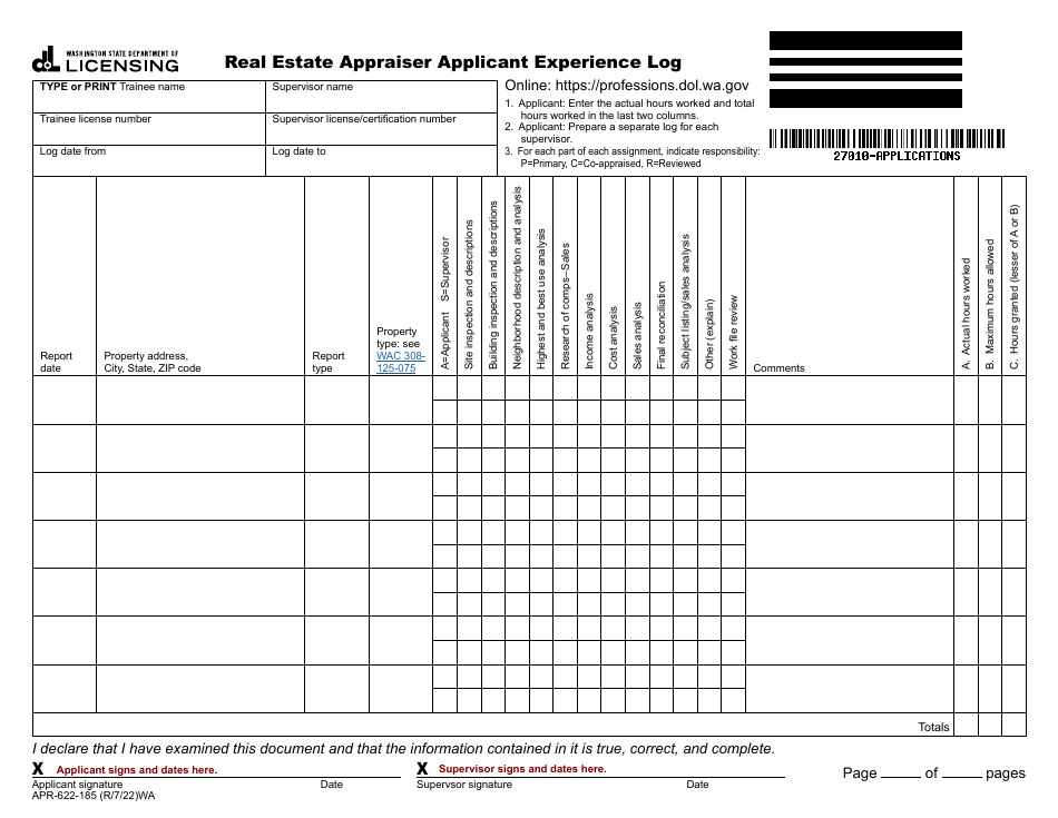 Form APR-622-185 Real Estate Appraiser Applicant Experience Log - Washington, Page 1