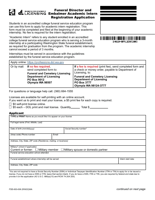 Form FDE-653-006 Funeral Director and Embalmer Academic Intern Registration Application - Washington