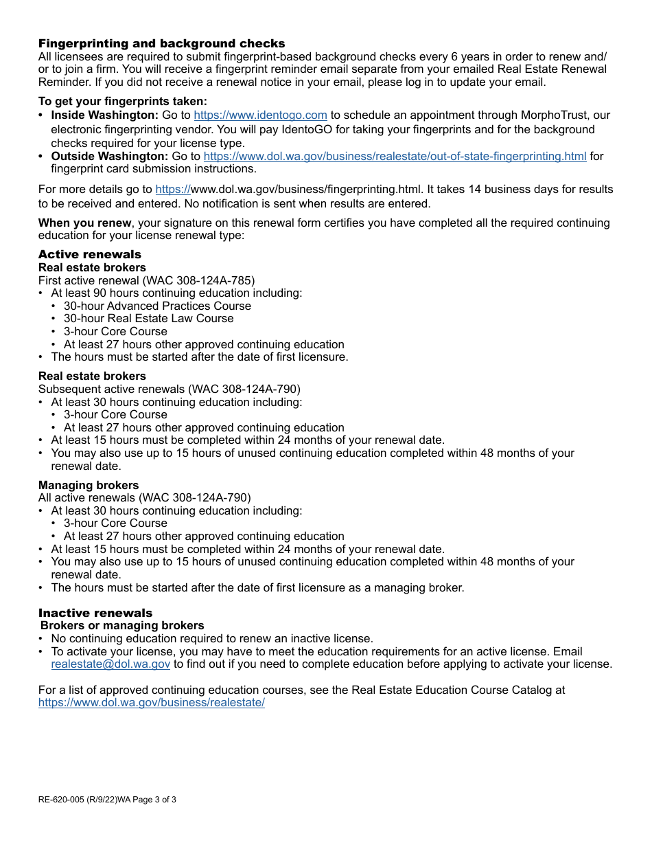 Form RE-620-005 Real Estate License Renewal - Washington, Page 3