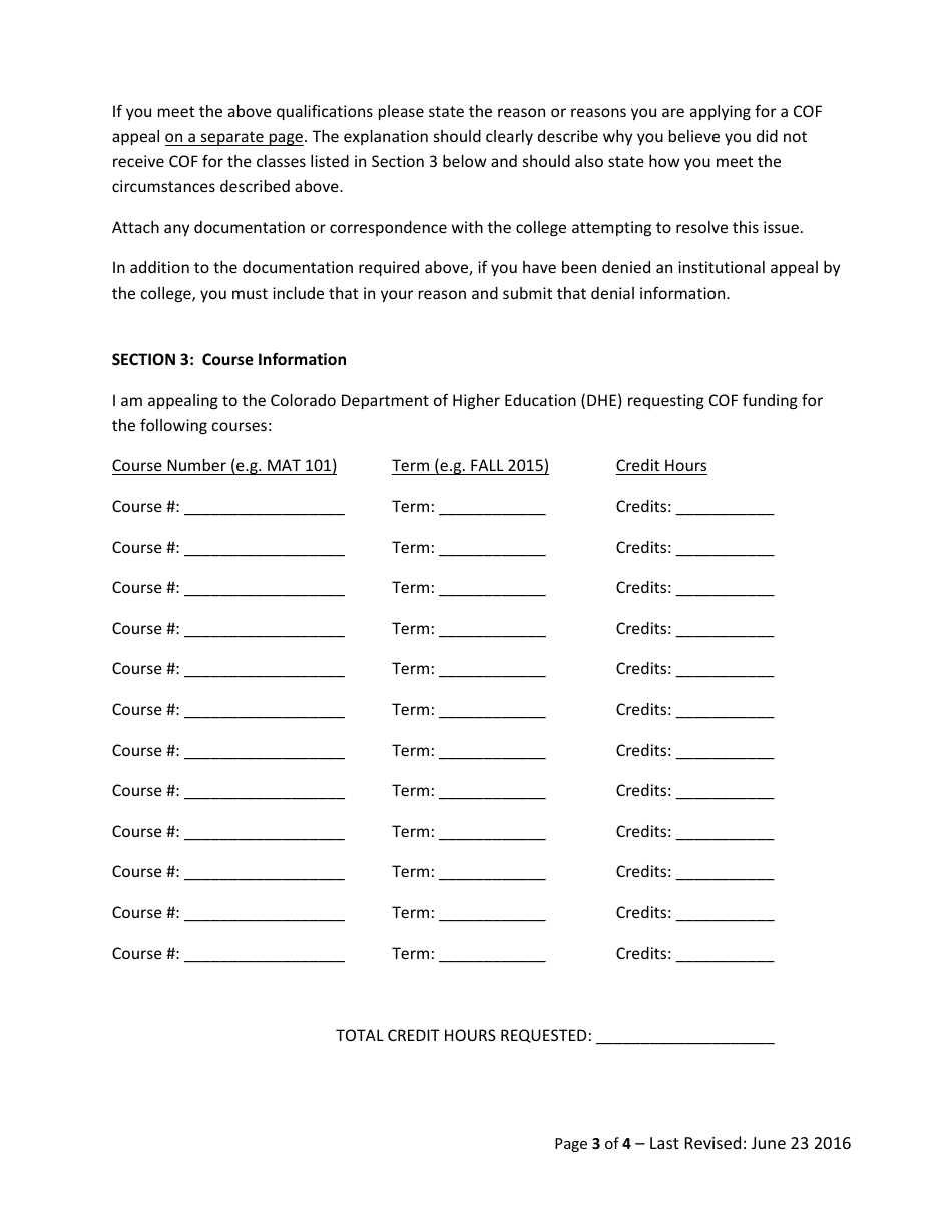 College Opportunity Fund Appeal Form - Colorado, Page 3