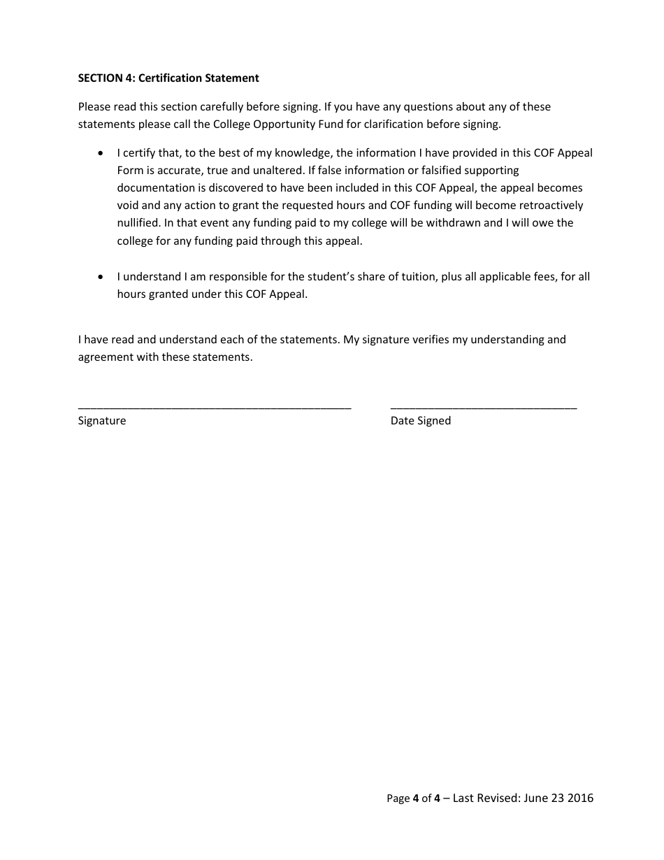 College Opportunity Fund Appeal Form - Colorado, Page 4
