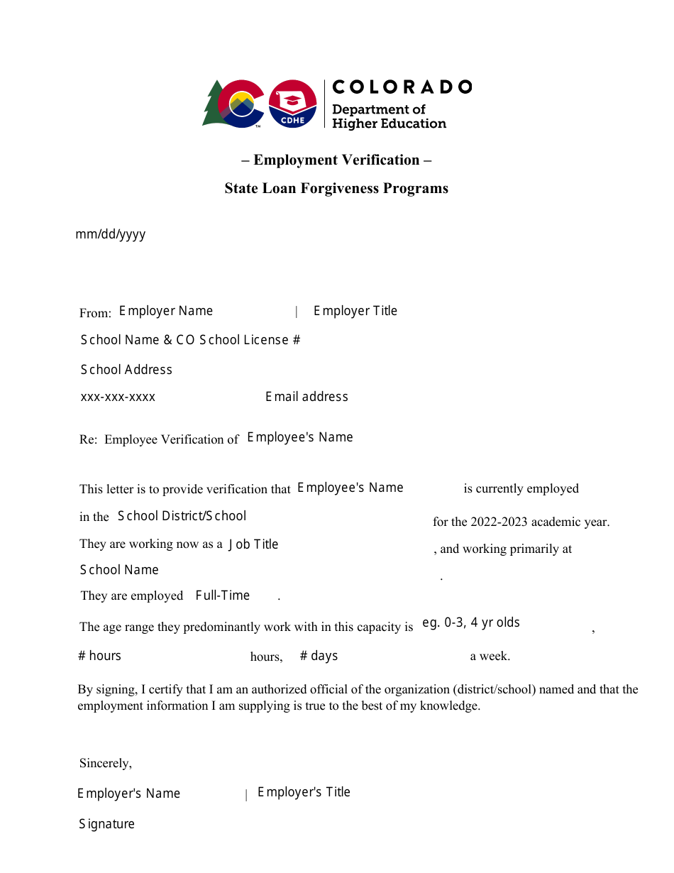 2023 Colorado Employment Verification State Loan Programs