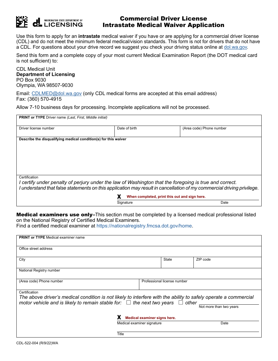 Form CDL-522-004 Commercial Driver License Intrastate Medical Waiver Application - Washington, Page 1