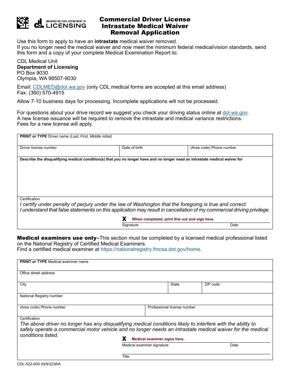 Form CDL-522-005 Commercial Driver License Intrastate Medical Waiver Removal Application - Washington, Page 1