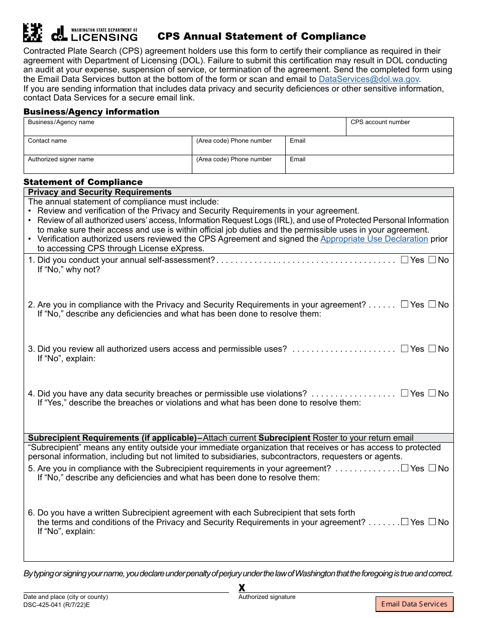 Form DSC-425-041 Contracted Plate Search (Cps) Annual Statement of Compliance - Washington, Page 1