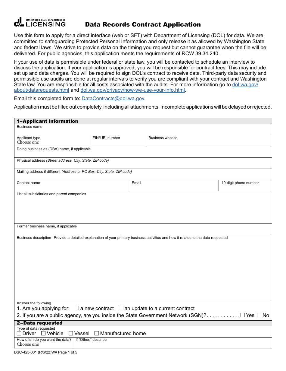 Form DSC-425-001 Data Records Contract Application - Washington, Page 1