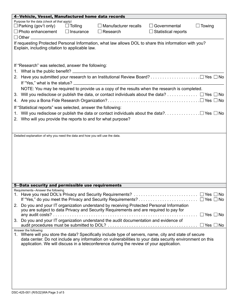 Form Dsc 425 001 Download Fillable Pdf Or Fill Online Data Records Contract Application 4827