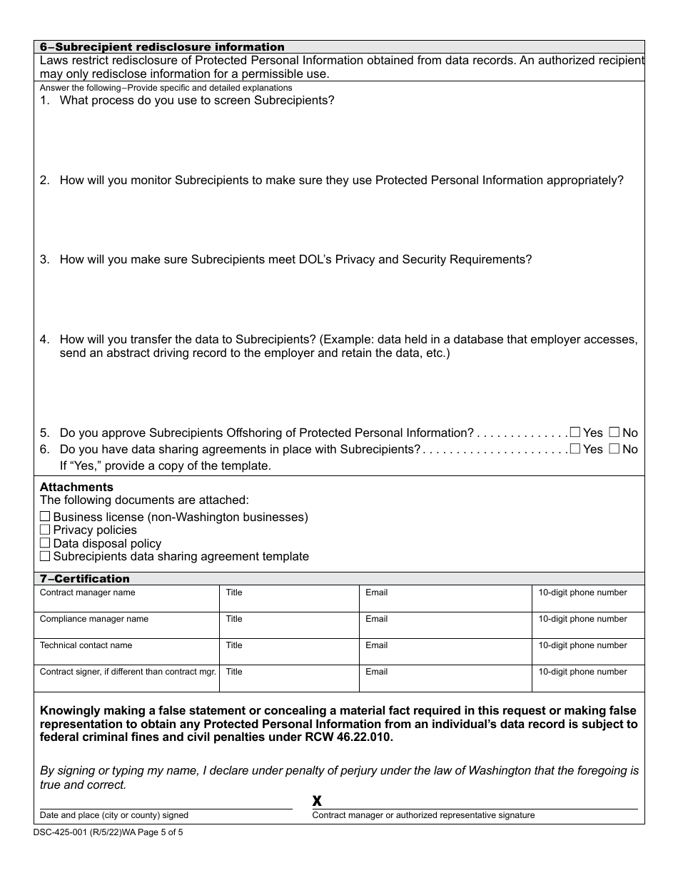 Form DSC-425-001 Data Records Contract Application - Washington, Page 5