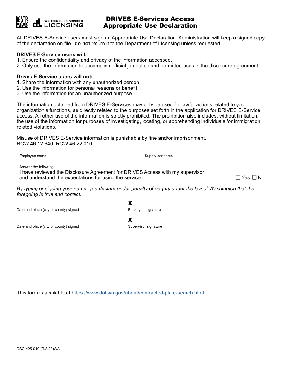 Form DSC-425-040 Drives E-Services Access Appropriate Use Declaration - Washington, Page 1