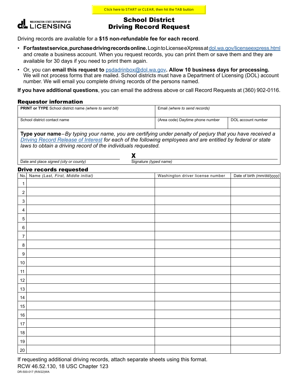 Form DR-500-017 School District Driving Record Request - Washington, Page 1