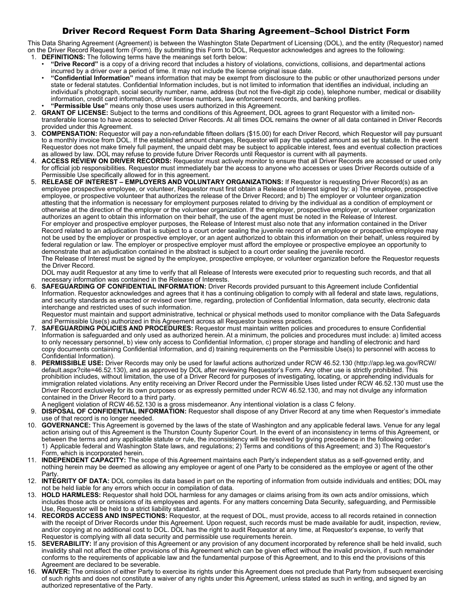 Form DR-500-017 School District Driving Record Request - Washington, Page 2