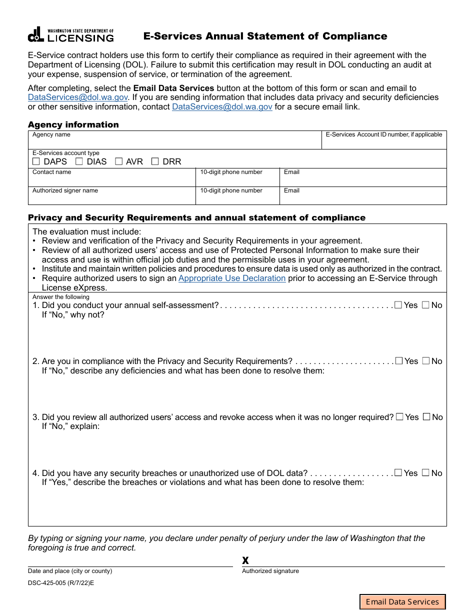 Form DSC-425-005 E-Services Annual Statement of Compliance - Washington, Page 1
