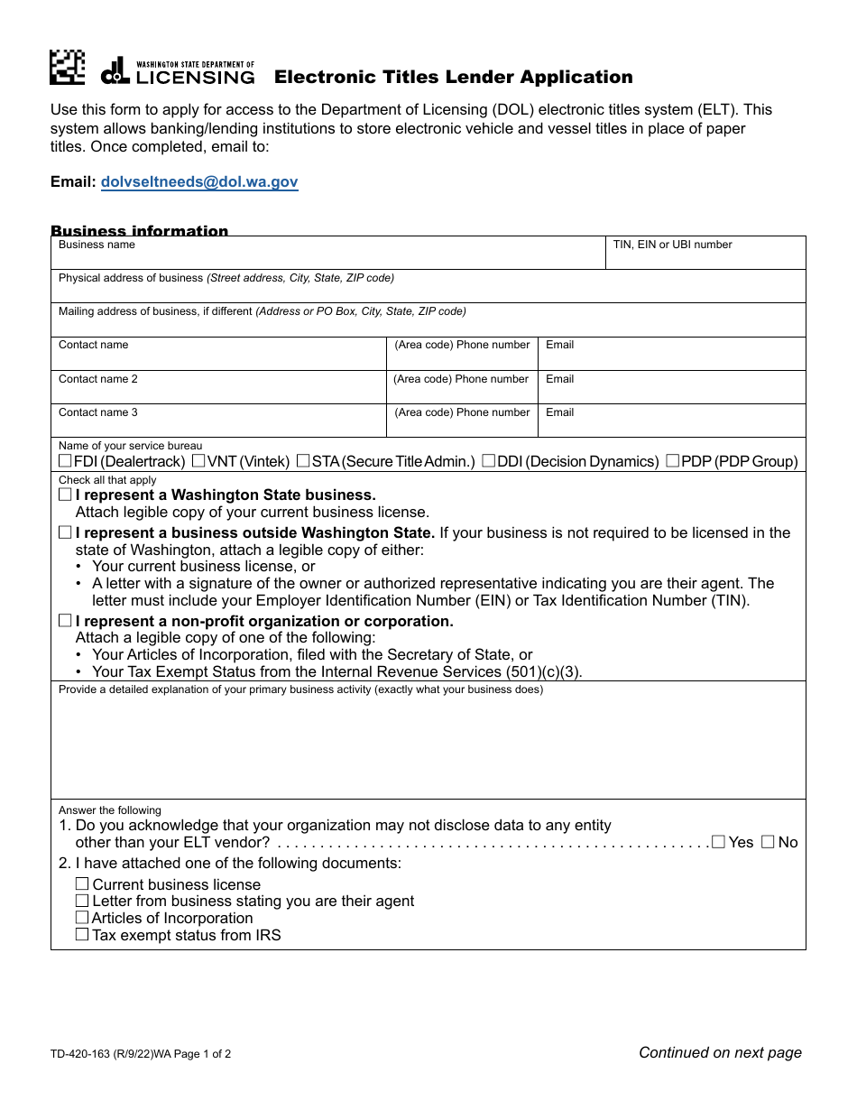 Form TD-420-163 Electronic Titles Lender Application - Washington, Page 1