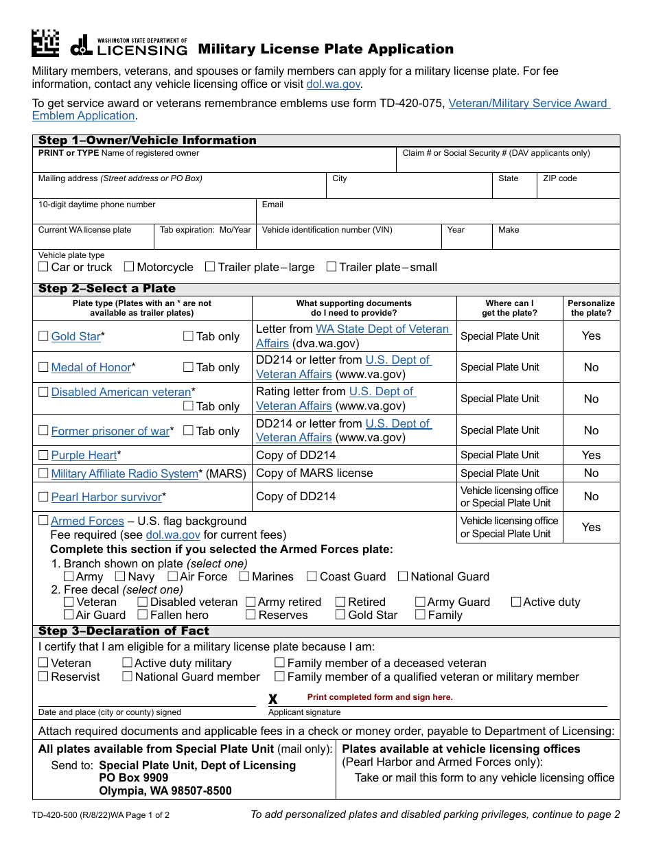 Form TD-420-500 Military License Plate Application - Washington, Page 1