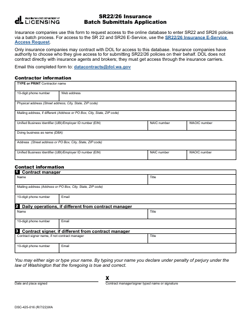 Form DSC-425-016 Sr22/26 Insurance Batch Submittals Application - Washington