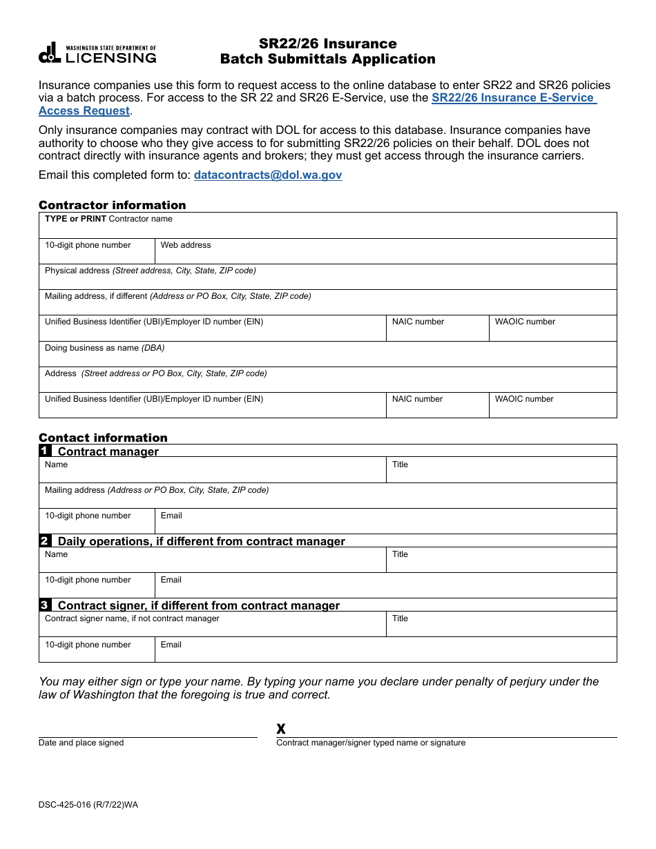 Form DSC425016 Download Fillable PDF or Fill Online Sr22/26 Insurance