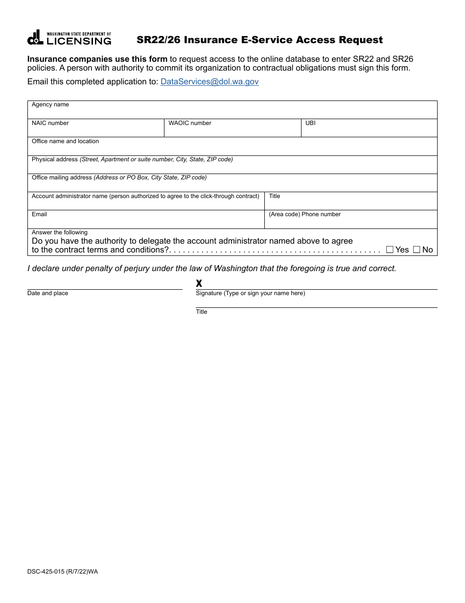 Form DSC-425-015 Sr22 / 26 Insurance E-Service Access Request - Washington, Page 2