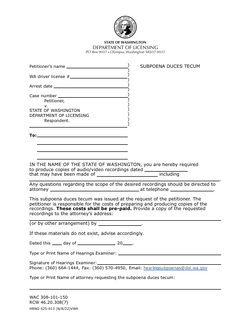 Form HRNG-525-013 Subpoena Duces Tecum - Washington