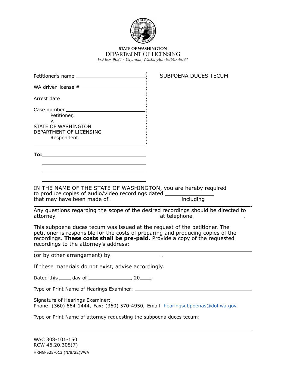 Form HRNG-525-013 Subpoena Duces Tecum - Washington, Page 1