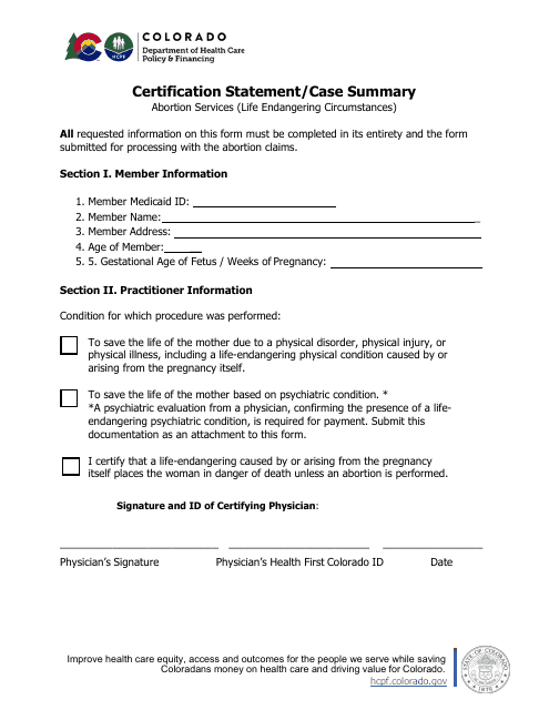 Certification Statement / Case Summary - Abortion Services (Life Endangering Circumstances) - Colorado Download Pdf