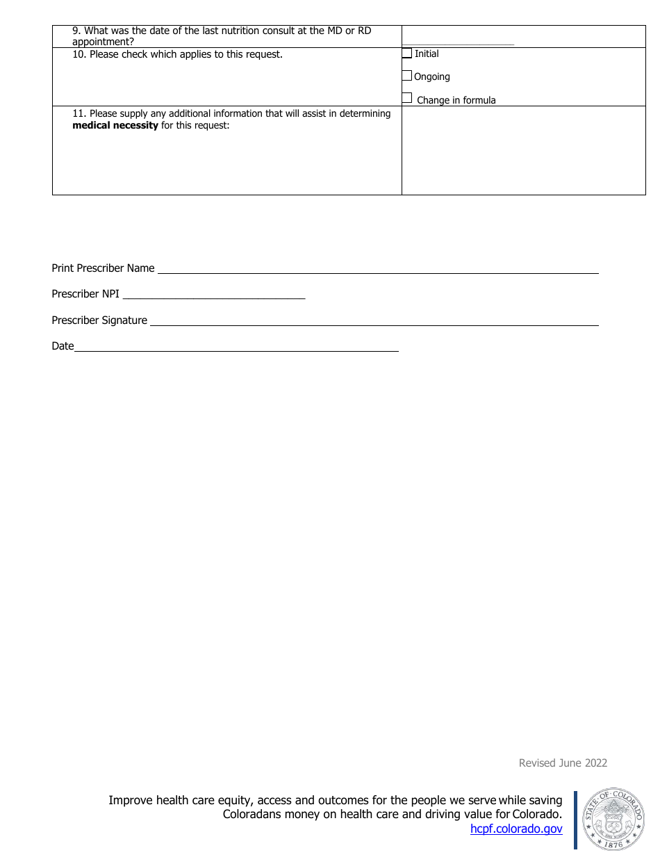 Questionnaire #10 - Oral and Enteral Nutritional Formula Optional Submission on All Pars - Colorado, Page 2