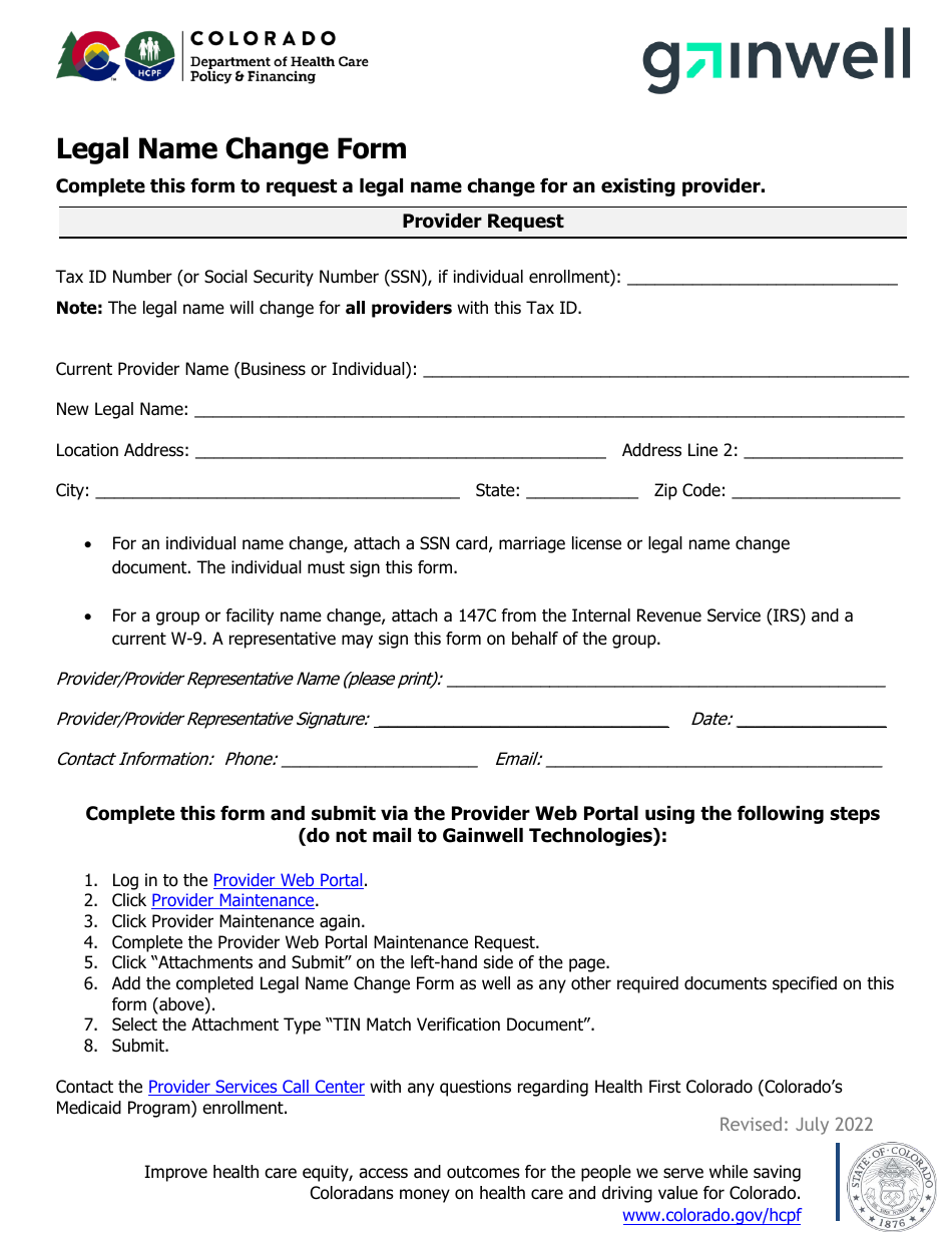 Legal Name Change Form - Colorado, Page 1