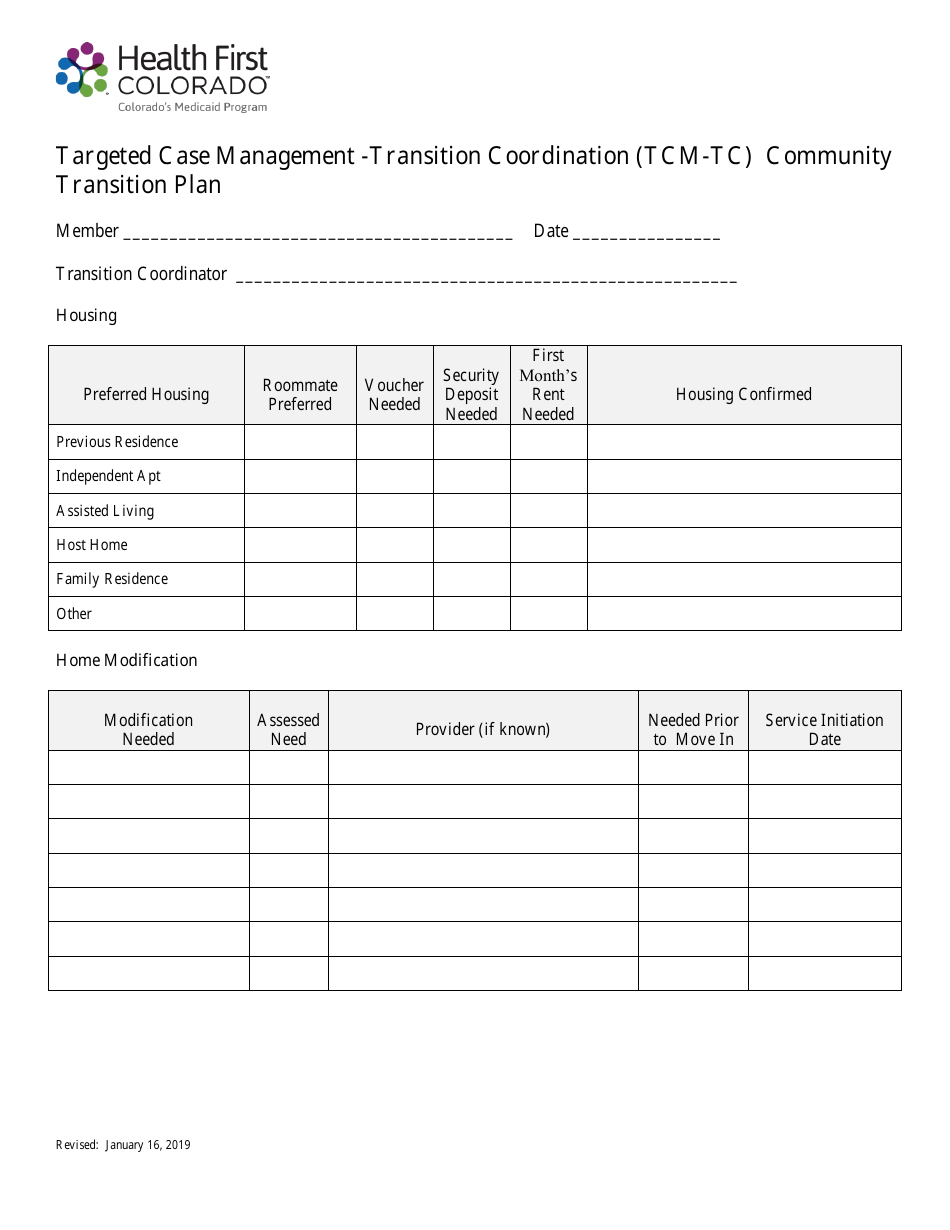 Targeted Case Management - Transition Coordination (Tcm-Tc) Community Transition Plan - Colorado, Page 1