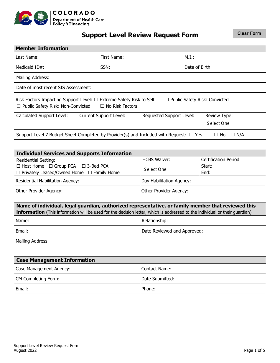 Support Level Review Request Form - Colorado, Page 1