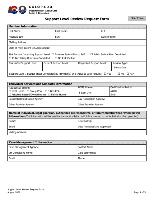 Support Level Review Request Form - Colorado Download Pdf