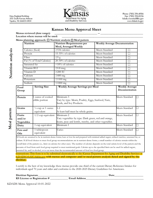 Kansas Menu Approval Sheet - Kansas Download Pdf