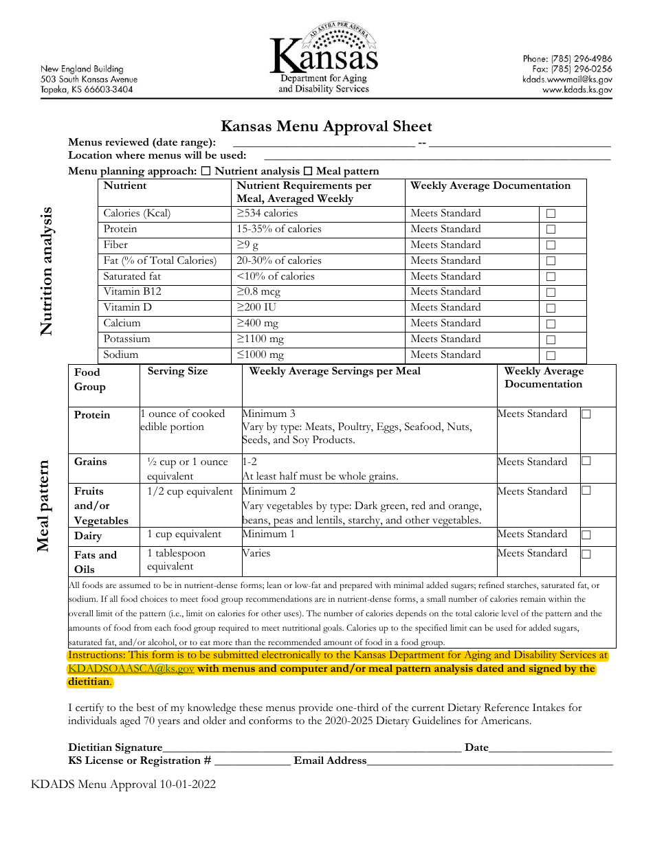 Kansas Menu Approval Sheet - Kansas, Page 1