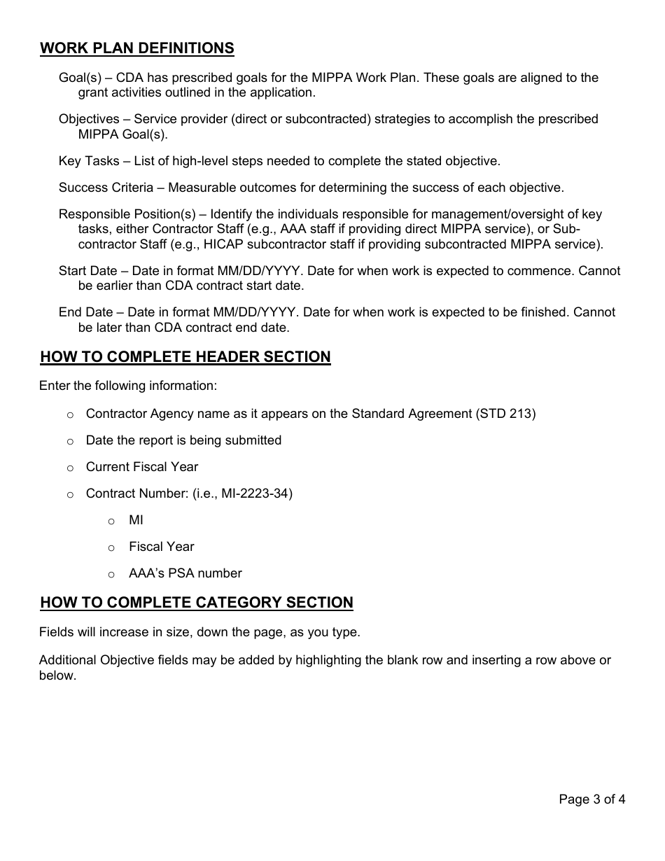 Instructions for Form CDA7001M Mippa Work Plan Template - California, Page 3