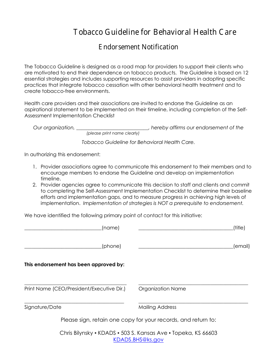 Tobacco Guideline for Behavioral Health Care Endorsement Notification - Kansas, Page 1