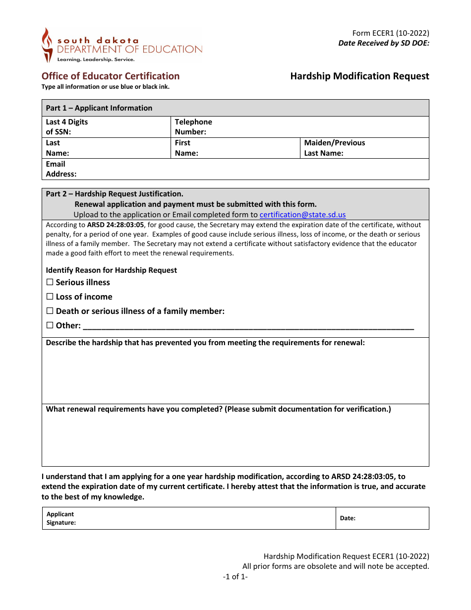 Form ECER1 Download Fillable PDF or Fill Online Hardship Modification ...