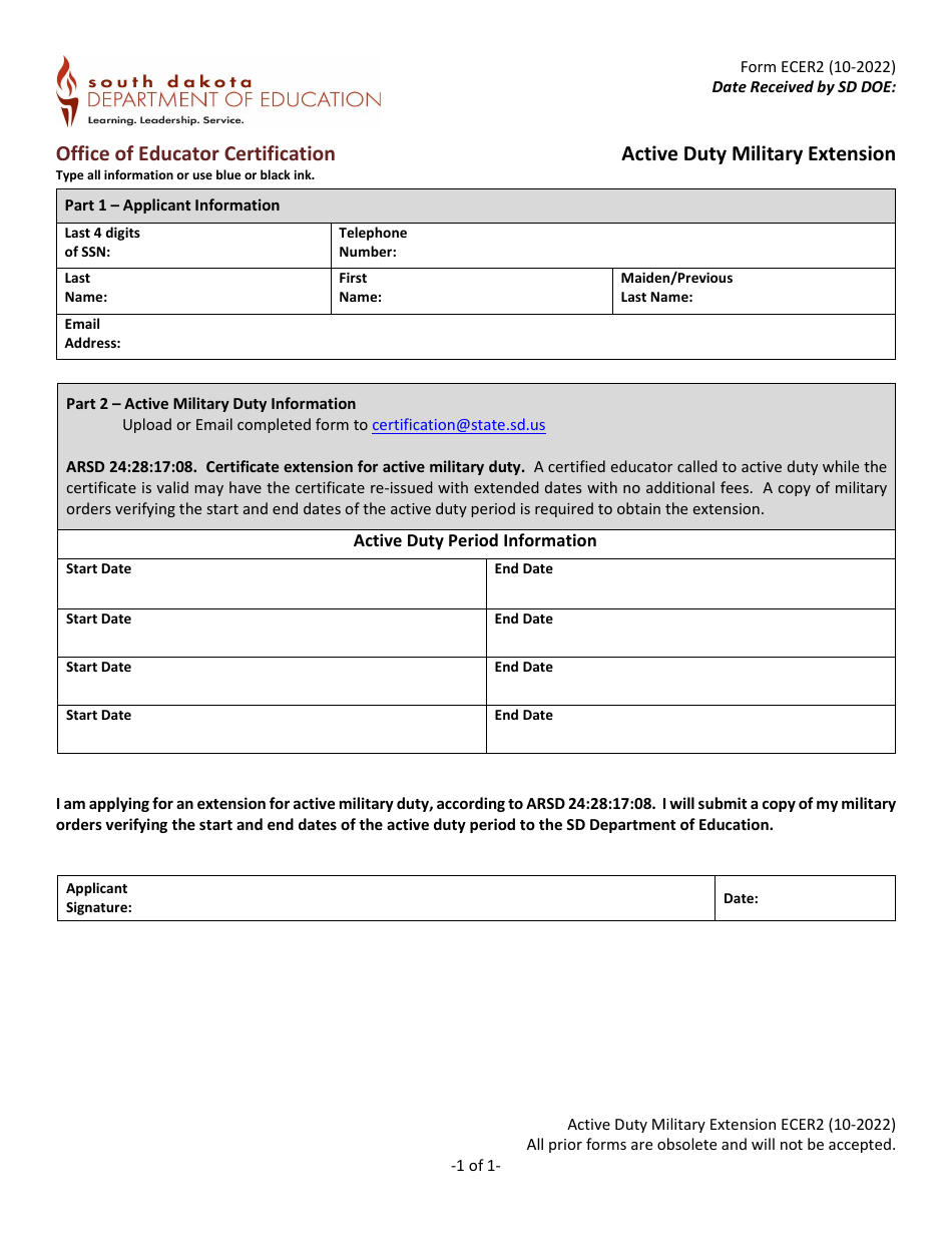 Form ECER2 Active Duty Military Extension - South Dakota, Page 1