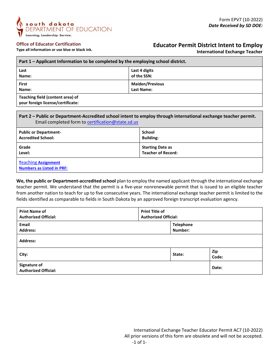 Form EPV7 Educator Permit District Intent to Employ - International Exchange Teacher - South Dakota, Page 1