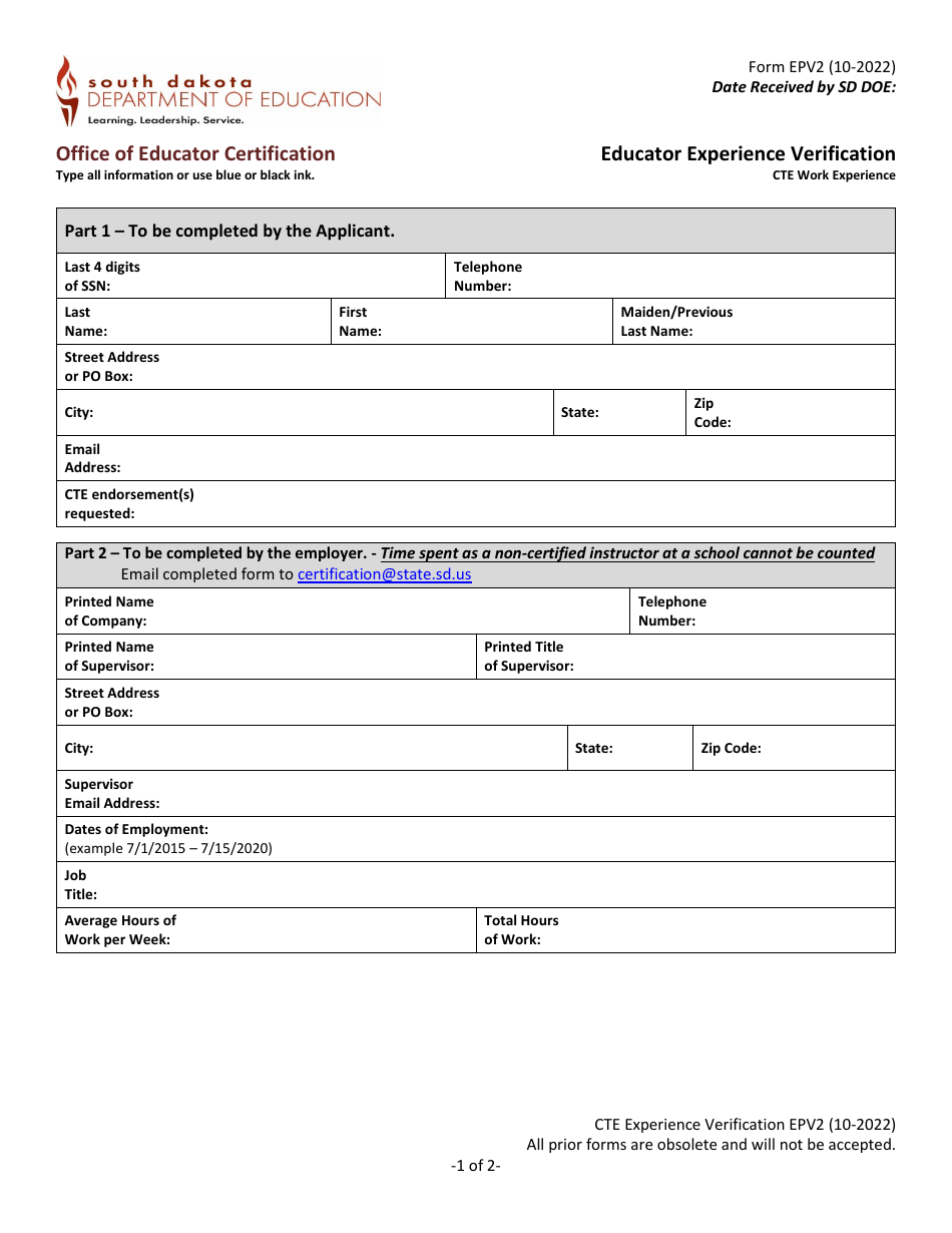 Form EPV2 Educator Experience Verification - Cte Work Experience - South Dakota, Page 1